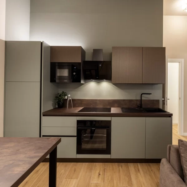 Cucina moderna con design italiano in appartamenti di lusso Torino, boutique hotel Turin centro storico. A7 Suite Torino.